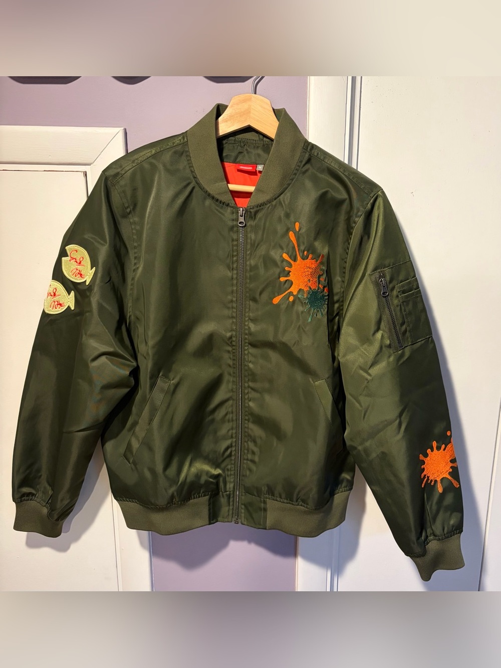 Nintendo Olive Green Bomber Jacket with Orange Accents